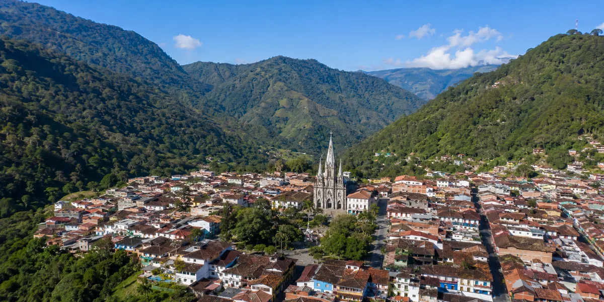Aerial view of Jardín Colombia with basilica